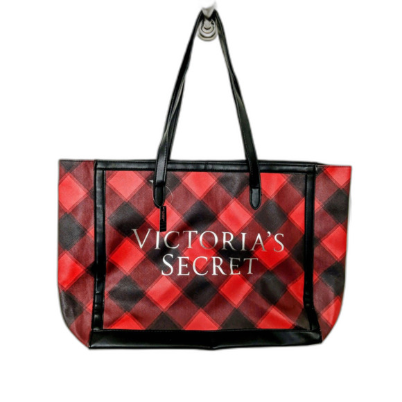 NEW Victoria Secret Red Black Checkered Plaid Holiday Weekender Tote Bag - Picture 1 of 7